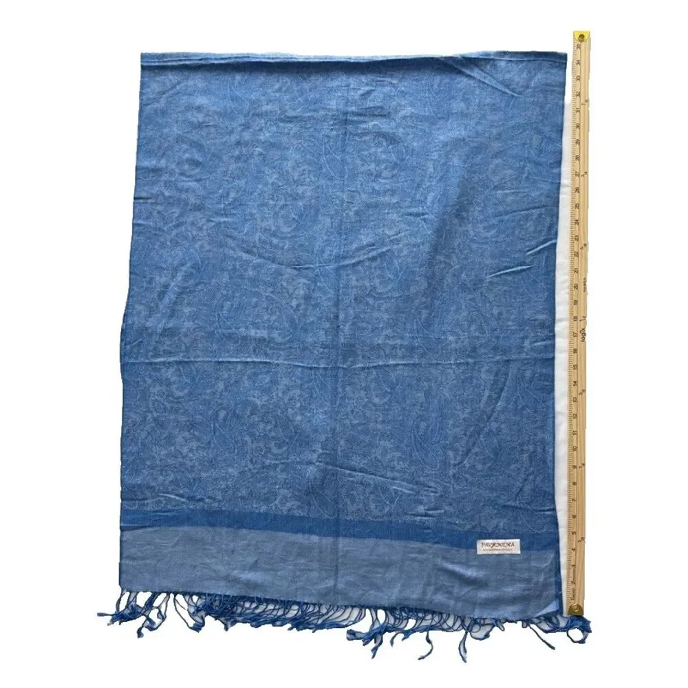 Pashmina Shawl Blue Paisley 70% Pashmina 30% Silk Fringe 27x72